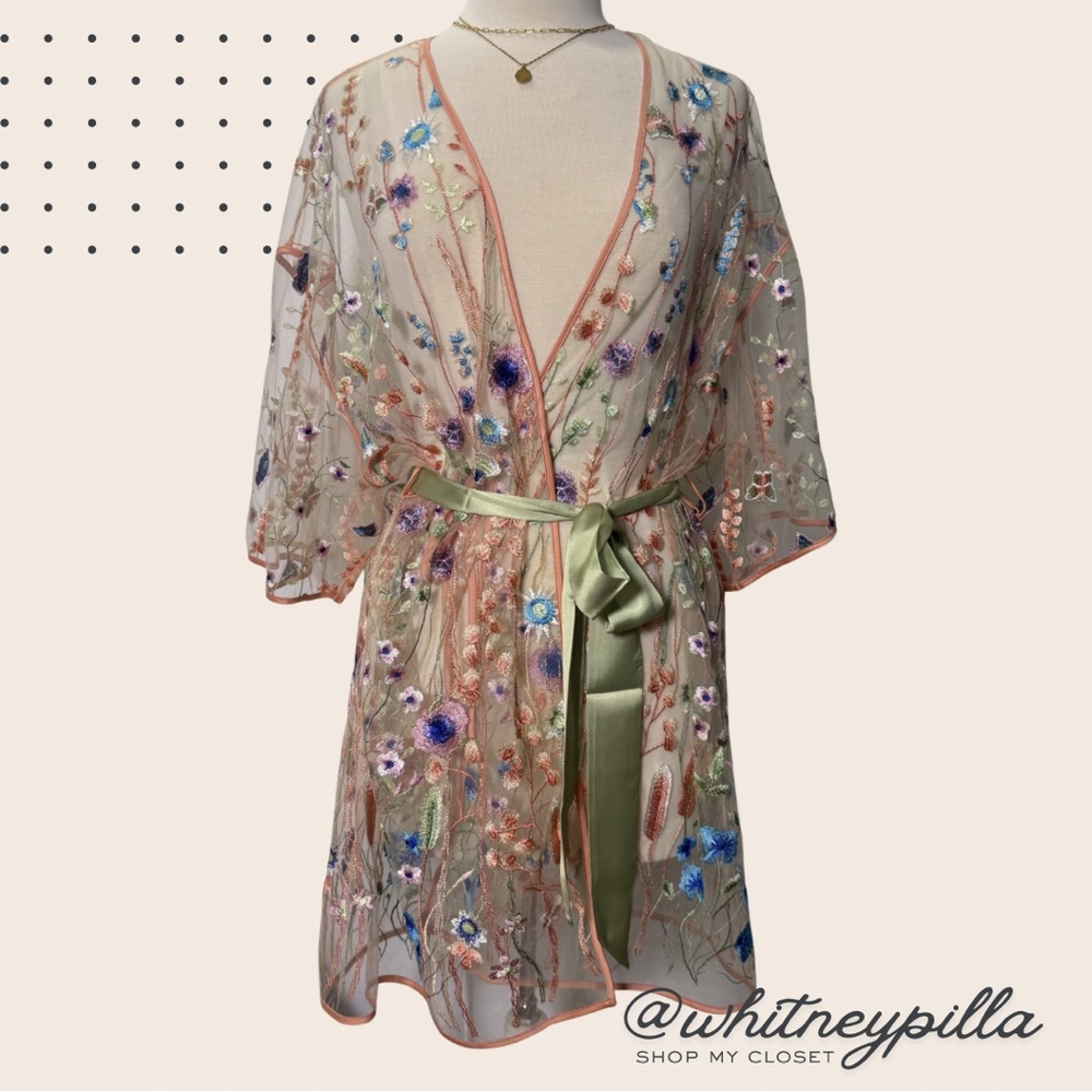 Rya Collection Valencia Pink, Blue, Green Floral Embroidered Mesh Cover Up M/L